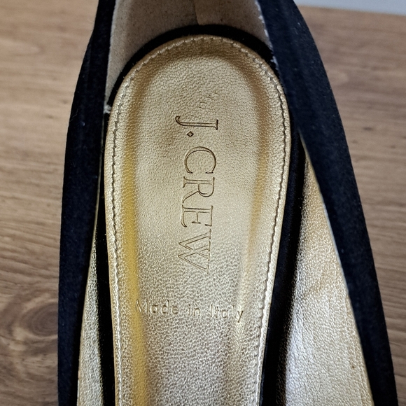 J. Crew Black Heels Women's Size 8 Fabric Upper Bow Open Toe Gold Made in Italy - Picture 9 of 16